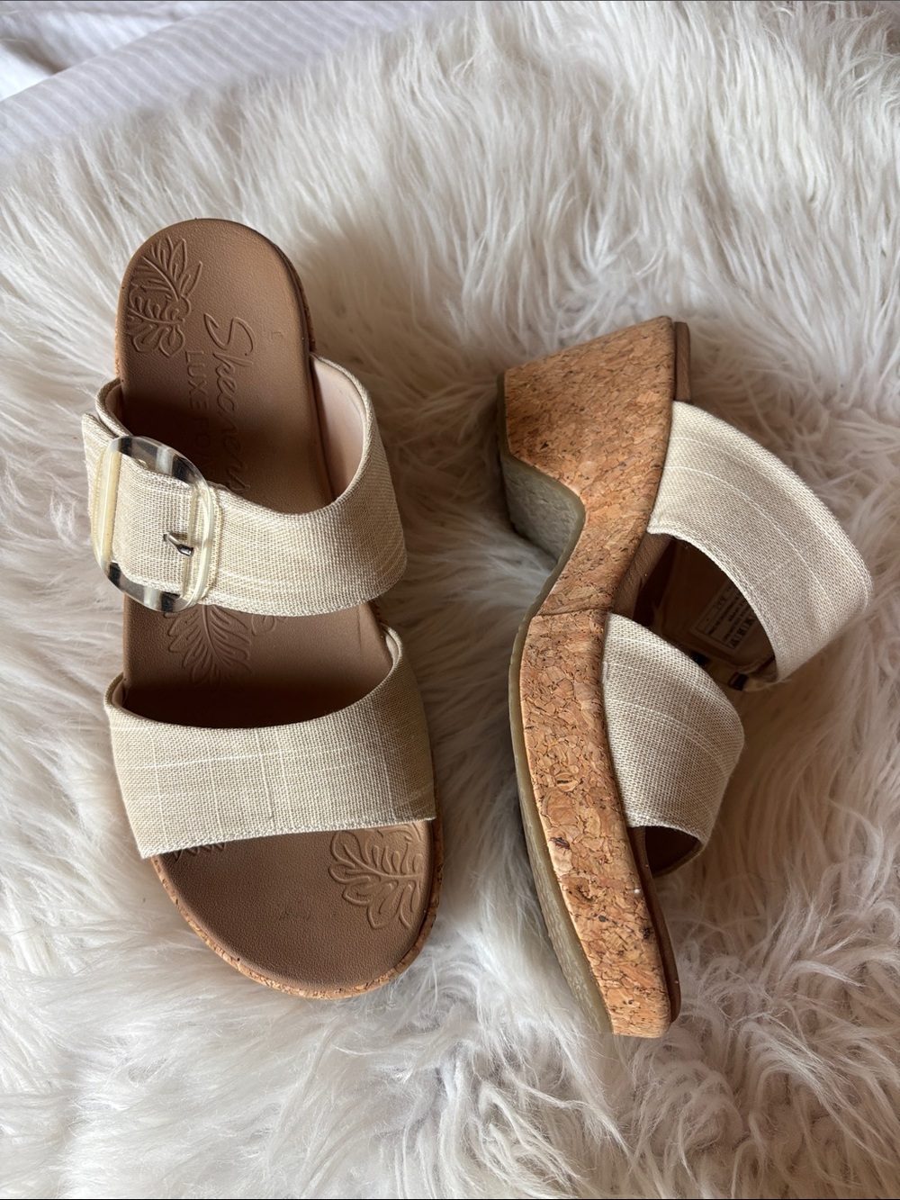 Skechers Brystol Cream Fabric Cork Wedge Sandals for Women Size 8